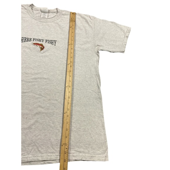 Vintage 90s Fishing "Here Fishy Fishy" Embroidered Logo Gray T-Shirt Size XL - Picture 7 of 8